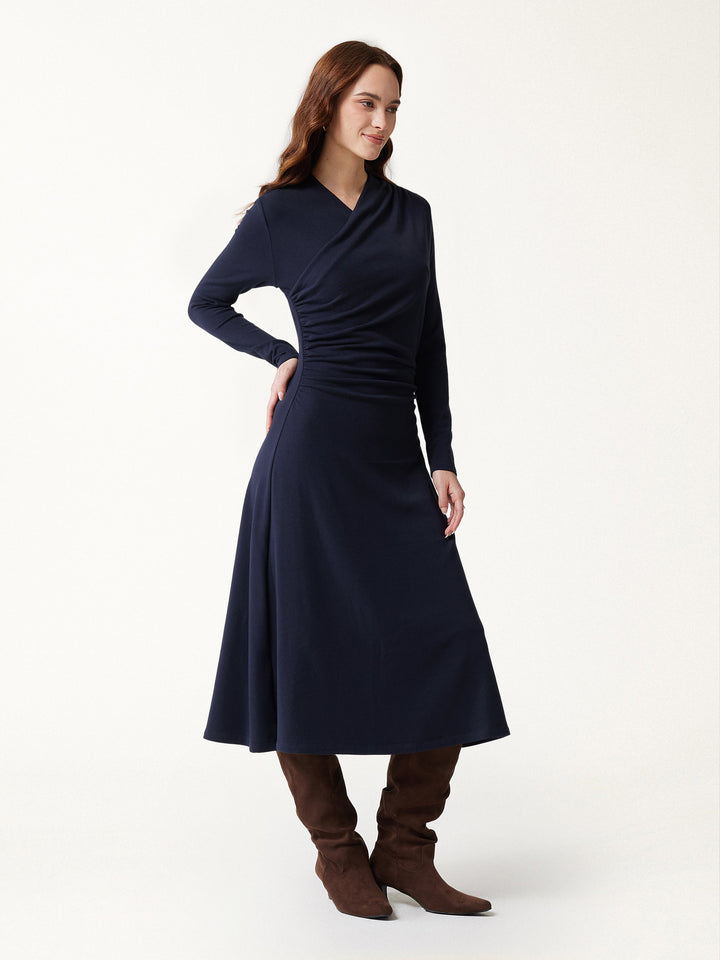 ProWarm Crossover Wrap Neck Long Sleeve Midi Dress