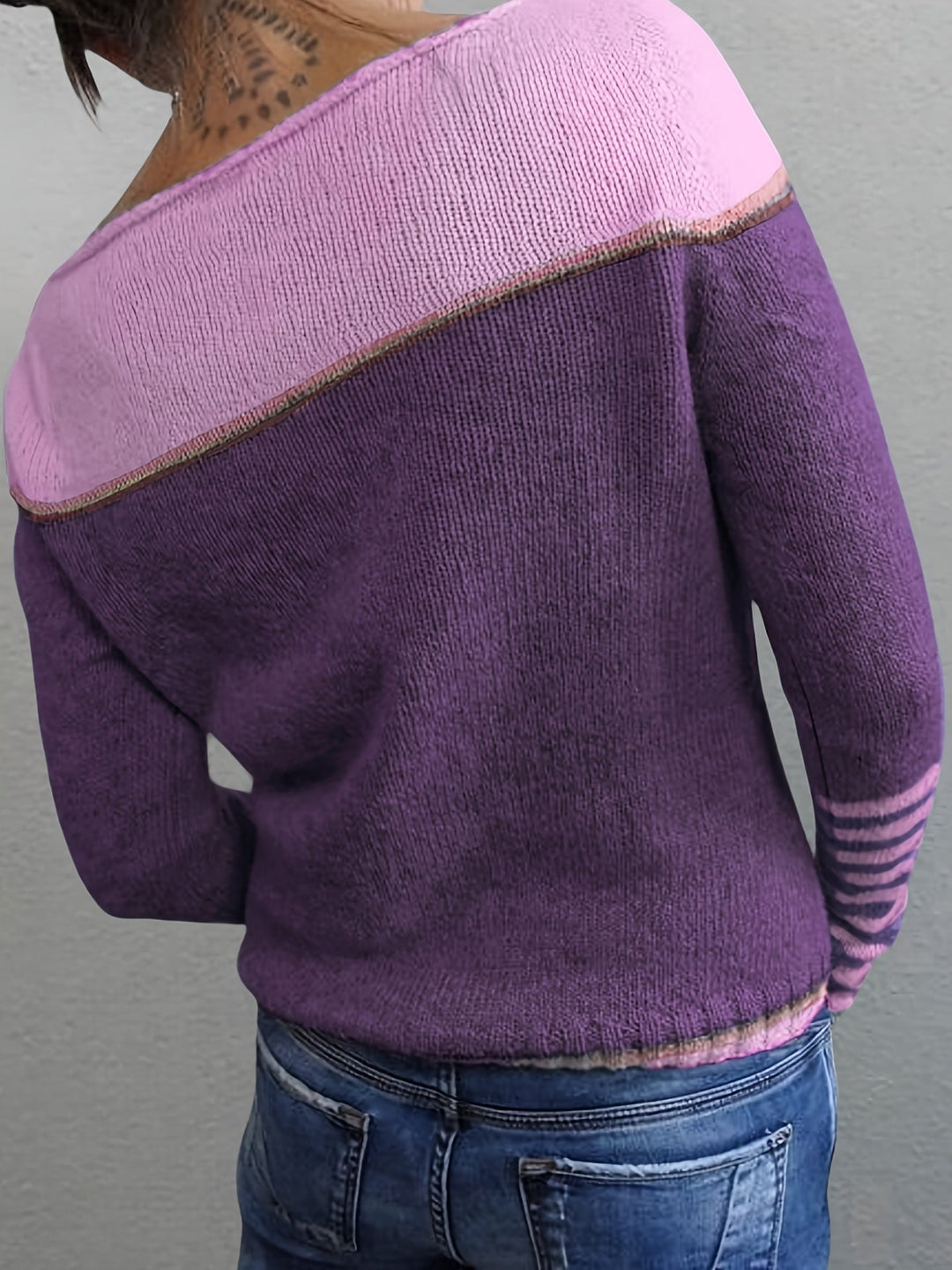 Isolde | Women's Colorblock Boat Neck Sweater with Striped Cuffs