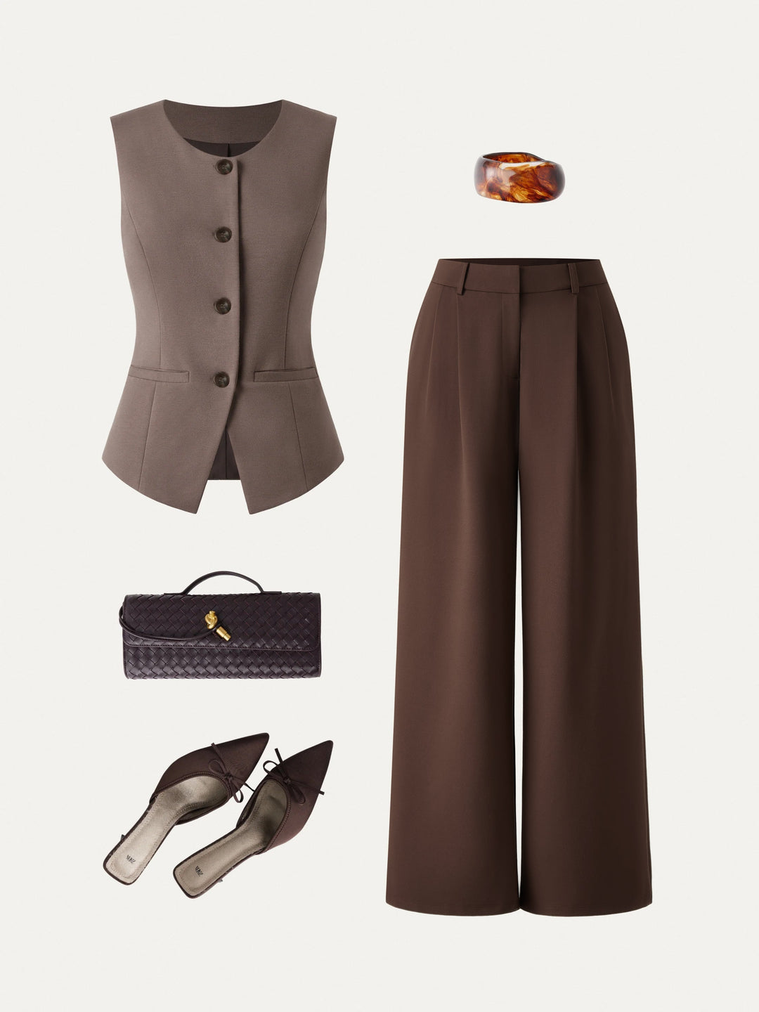 2Pcs Set Waistcoat with Pockets & Wide Leg Pant with Pockets — women's women > bundles&sets > bundles, front view