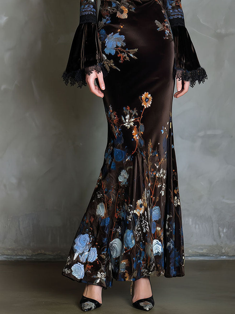 Elegance Midnight Velvet Floral Gown With Lace Trim