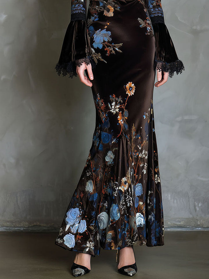 Elegance Midnight Velvet Floral Gown With Lace Trim