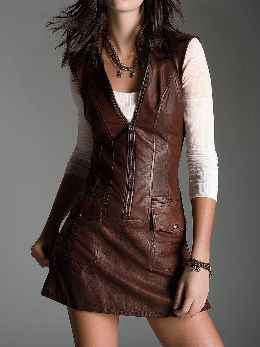 Chocolate Brown Eco Leather Zip Front Mini Dress With Utility Pockets