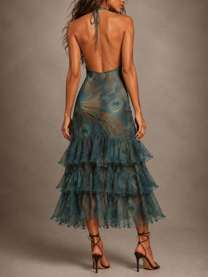 Vintage Peacock Print Chiffon Halter Tiered Ruffle Midi Dress | Harry & Kate London