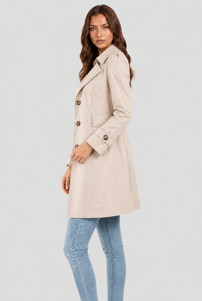 Side view of cream double breasted trench coat with tortoise buttons and buttoned cuff tabs