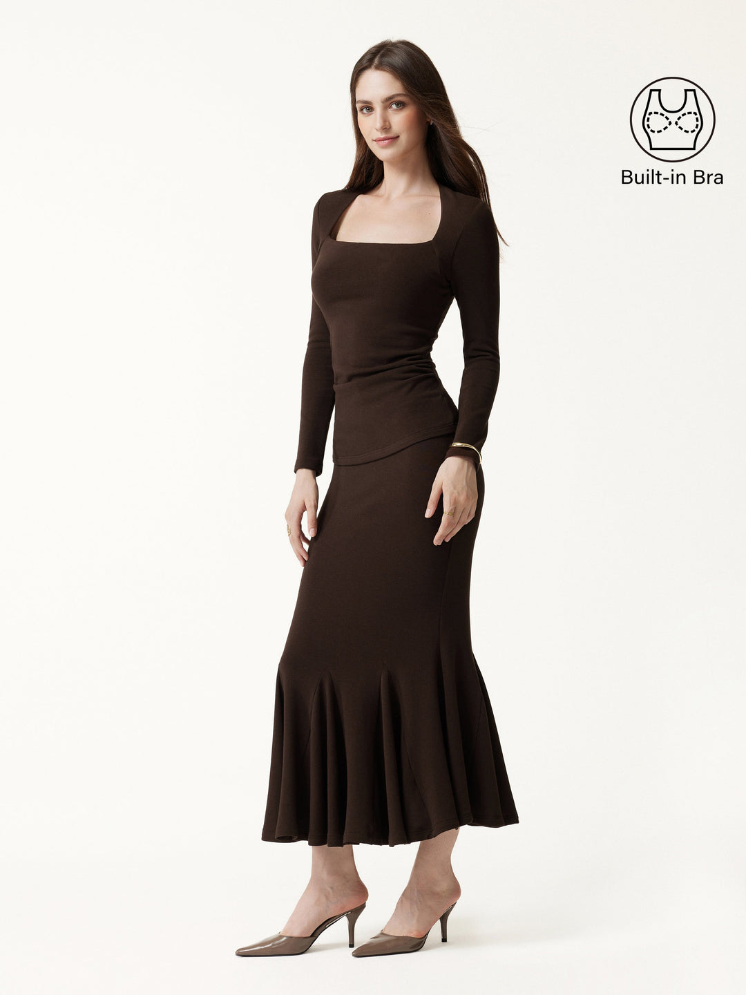 2Pcs Set ProWarm Trapeze Neck Ruched Built-In Bra Top 2.0 & High-Rise Mermaid Midi Skirt