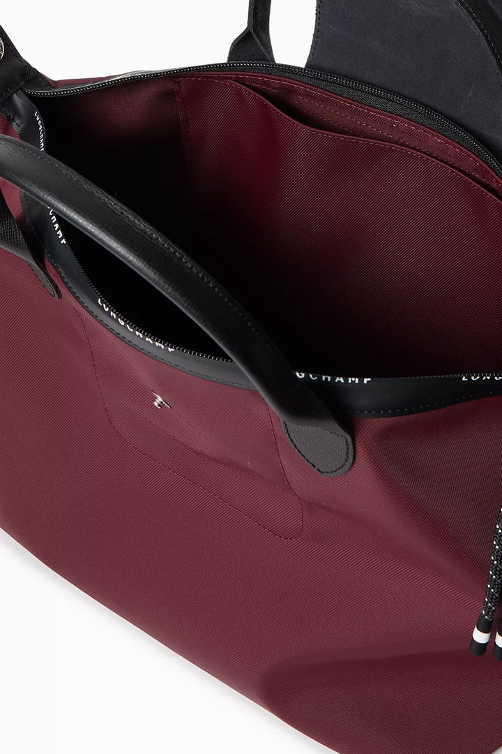 Longchamp Le Pliage Energy L Top Handle Crossbody Bag Burgundy Wine Red closeup detail
