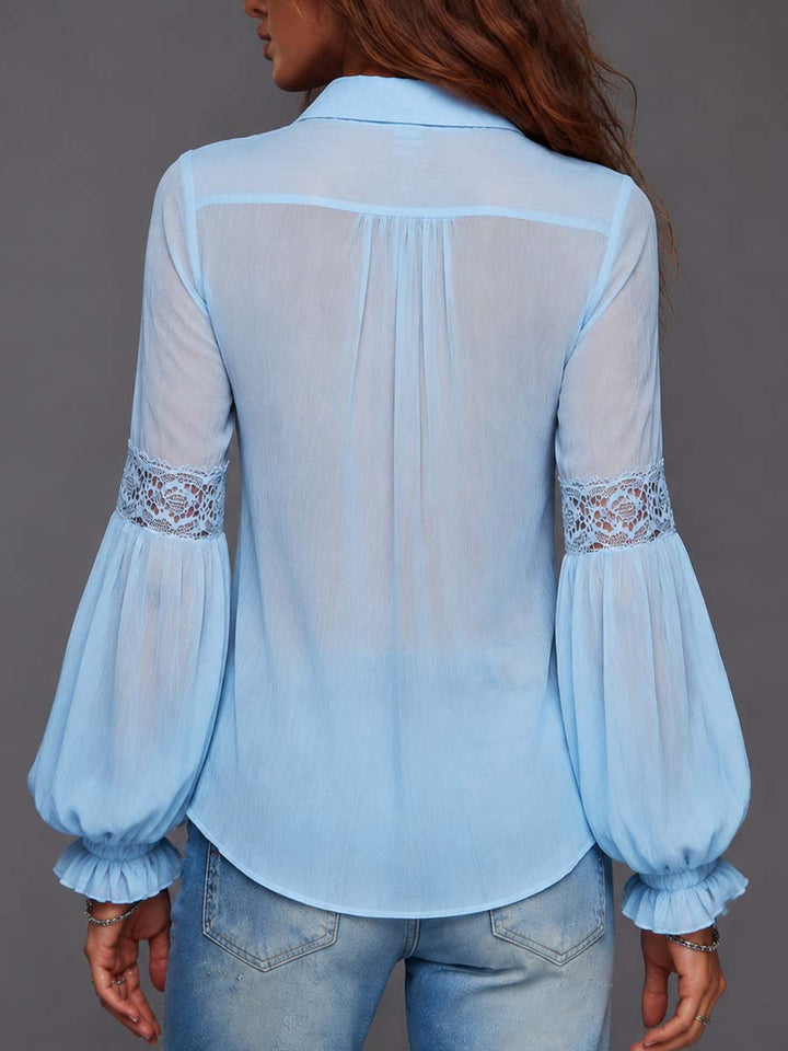Boho Sheer Lace Trim Puff Sleeve Shirt