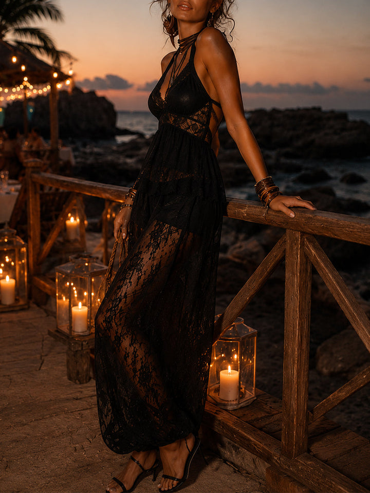 Boho Halter-Neck Lace-Paneled Vest & Balloon Pants Set