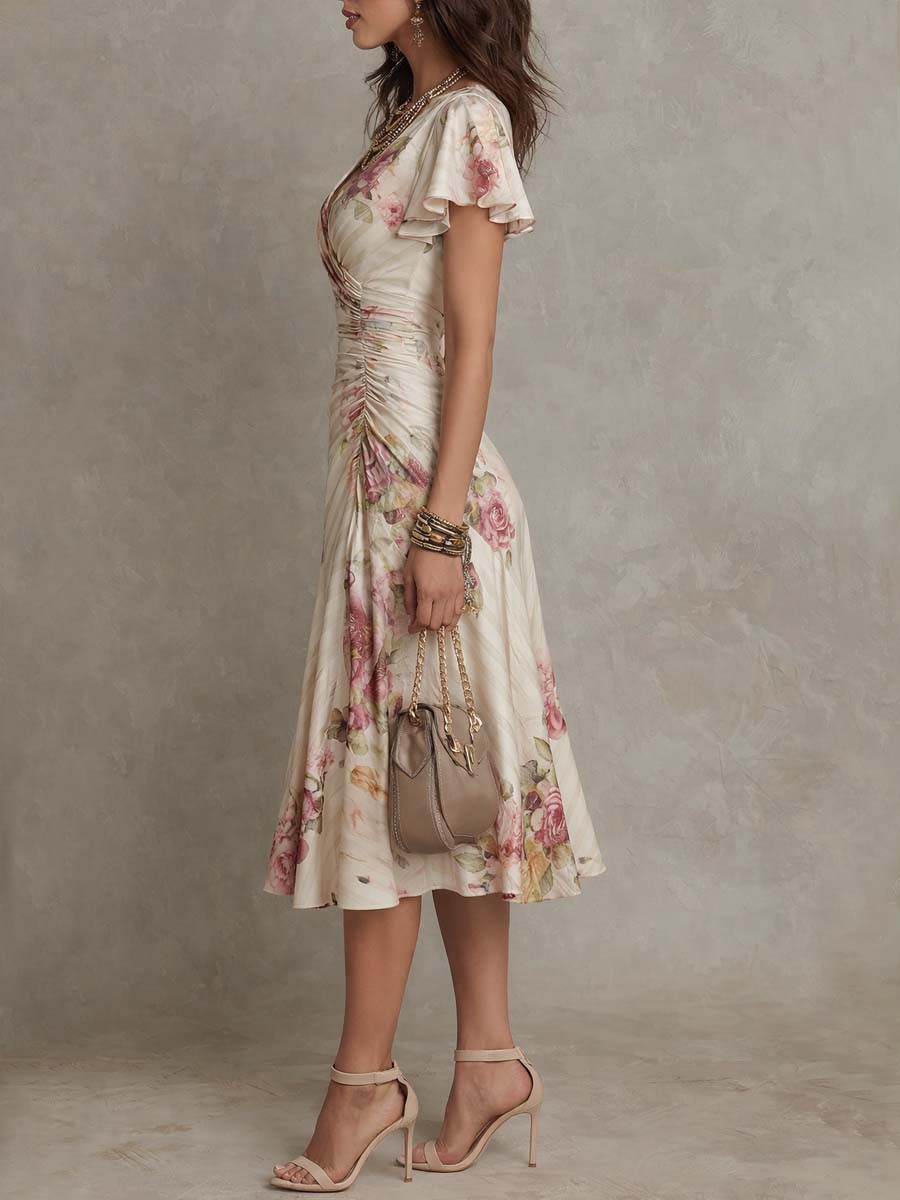 Elegant Vintage Floral Chiffon Midi Dress | Harry & Kate London
