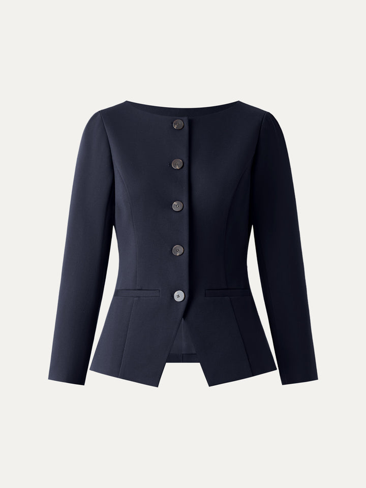 Ponte Office Round Neck Long Sleeve Jacket with Pockets