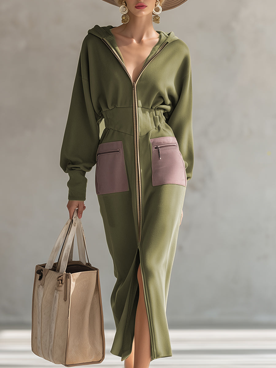 Linda elegant olive zip-up maxi dress – front full-length view women