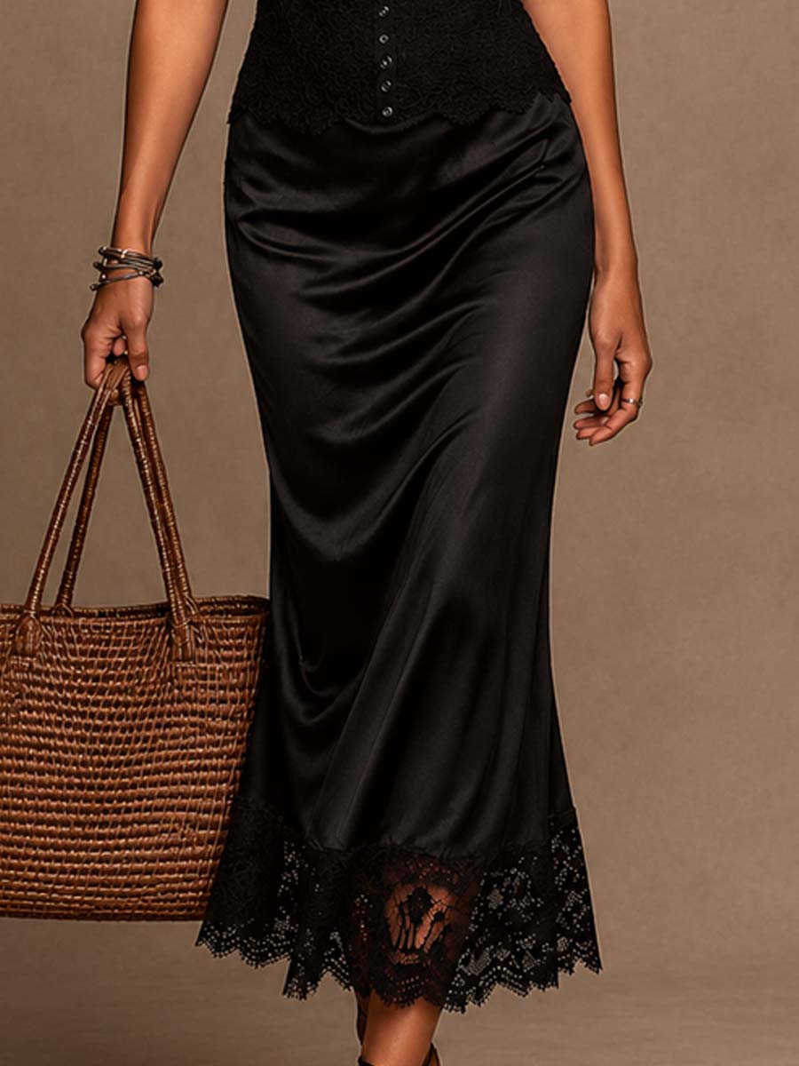 Vintage Lace Cami Spliced Satin Lace Hem Midi Dress