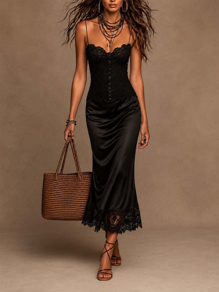 Vintage Lace Cami Spliced Satin Lace Hem Midi Dress