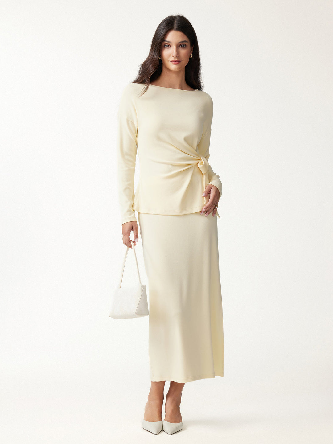 2Pcs Set LiteWarm Boatneck Long Sleeve Top & Mid-Rise Side-Slit Column Midi Skirt