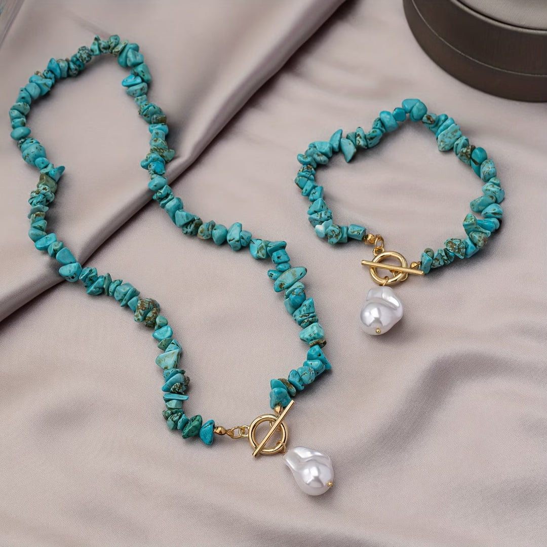 Turkos & pärlhalsband och -armband