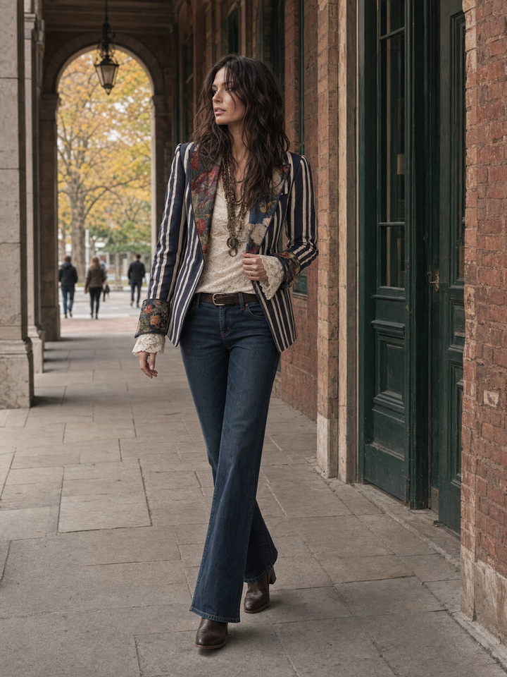 Bohemian Floral Print Cotton And Linen Striped Blazer