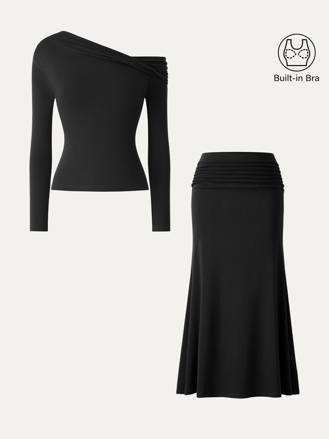 2Pcs Set Prowarm Neck  Built-In Bra Top 3.0 & Mid-Rise Ruched Flared Midi Skirt