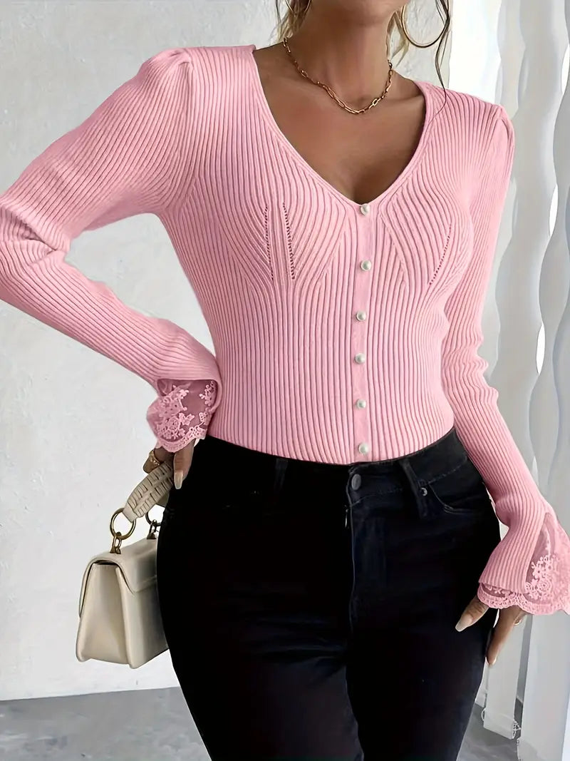 Skylar | Women's Ribbed Knit V-Neck Sweater with Pearl Buttons and Lace Cuffs