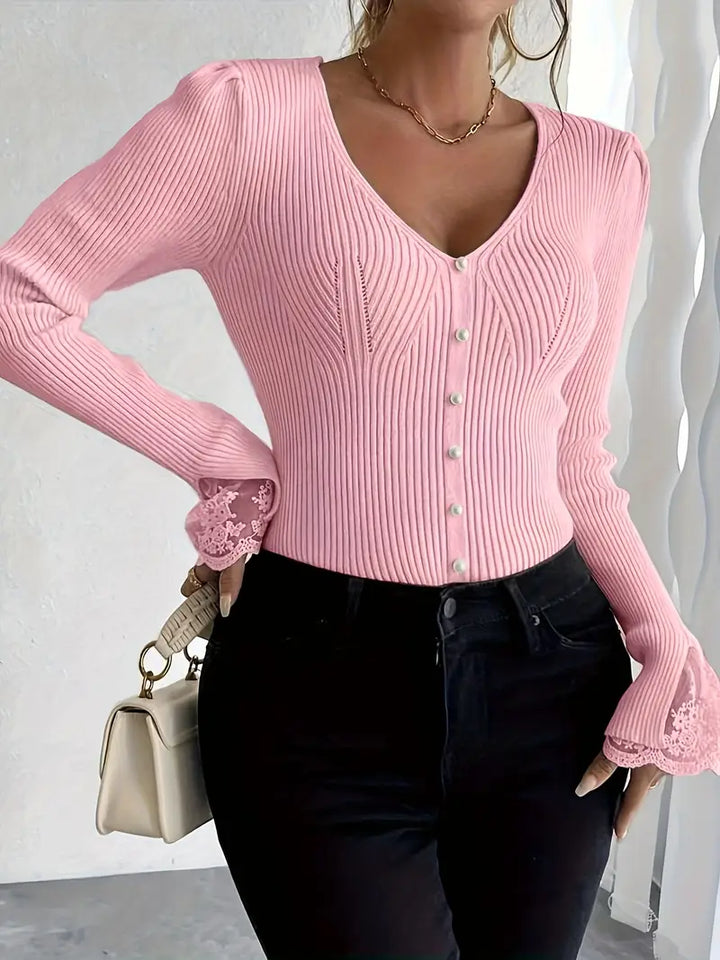 Skylar | Women's Ribbed Knit V-Neck Sweater with Pearl Buttons and Lace Cuffs