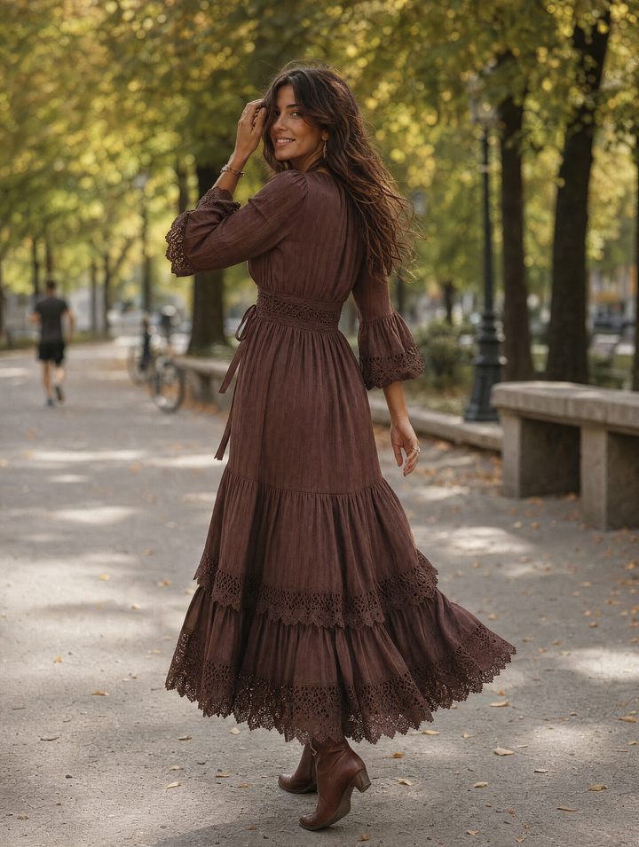 Vintage Puff-sleeve Lace Trim Cotton-linen Midi Dress