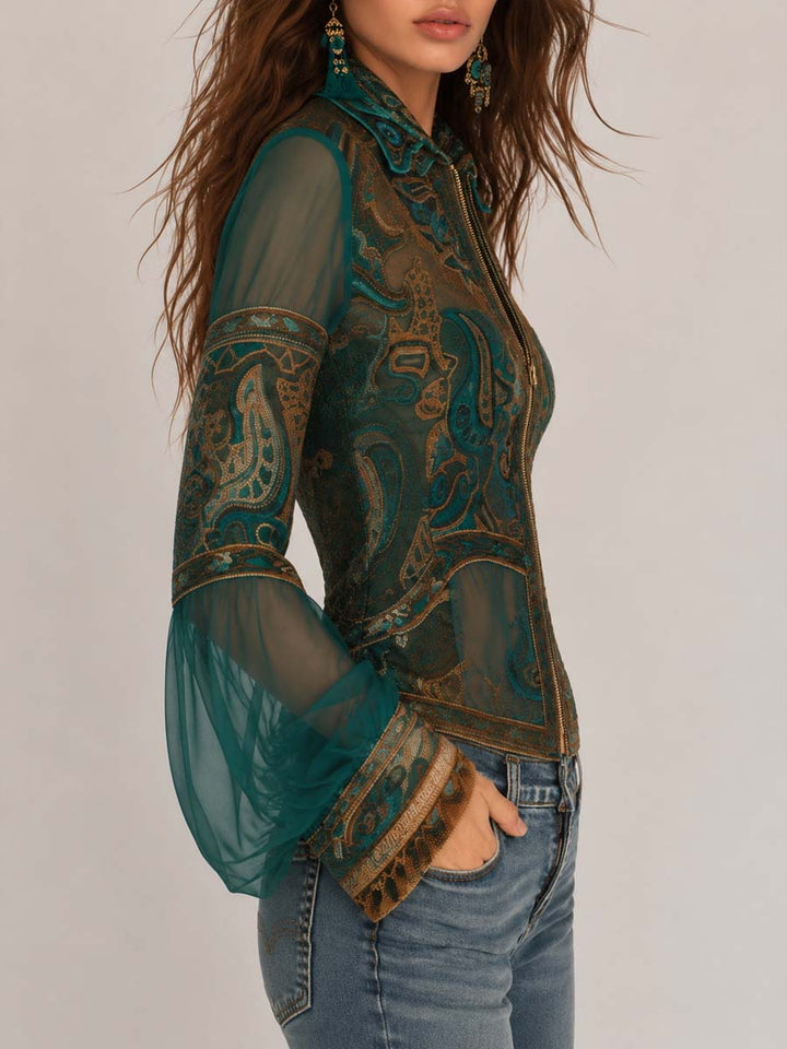 Boho Paisley Print Collar Full Zip Flare Bell Sleeve Sheer Mesh Crop Jacket
