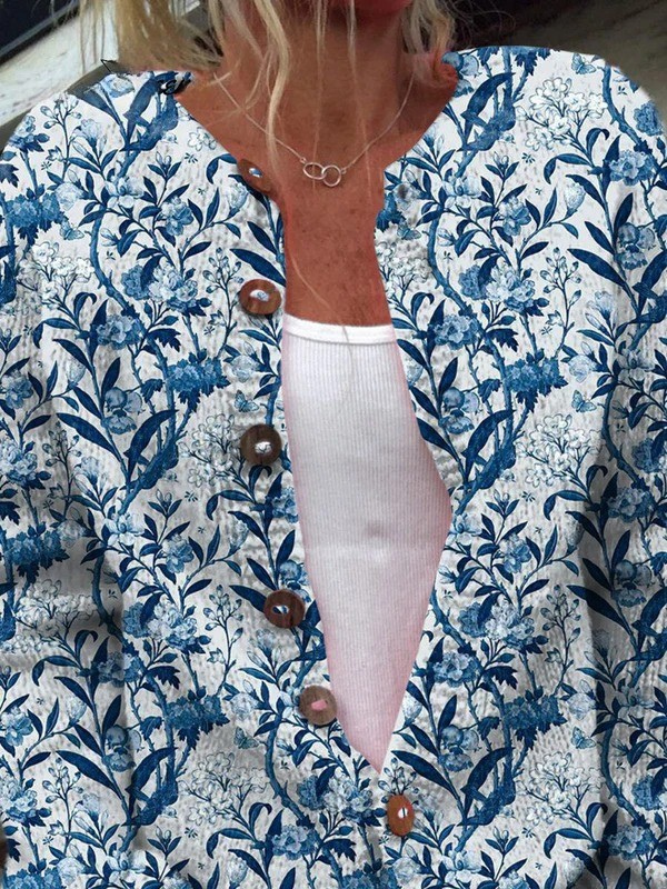 Blue White Floral Pattern Cardigan — alternate view