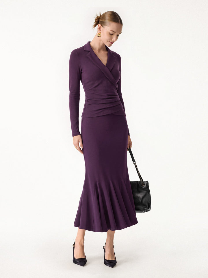 2Pcs Set ProWarm Collared Surplice Top & High-Rise Mermaid Midi Skirt