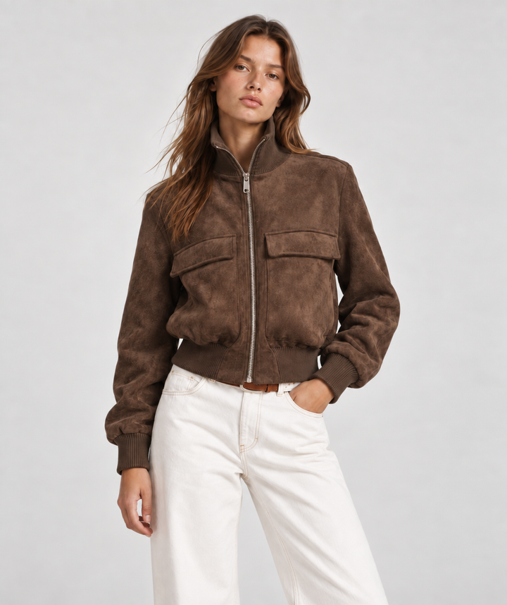 Woman in dark brown suede cropped bomber jacket with flap pockets, front view with white jeans