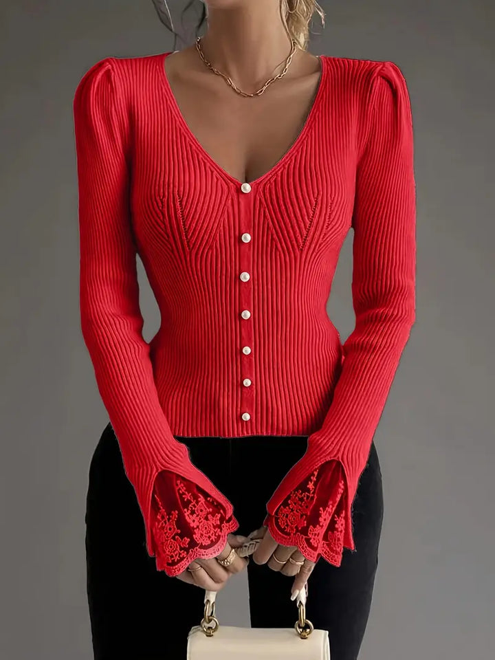 Skylar | Women's Ribbed Knit V-Neck Sweater with Pearl Buttons and Lace Cuffs