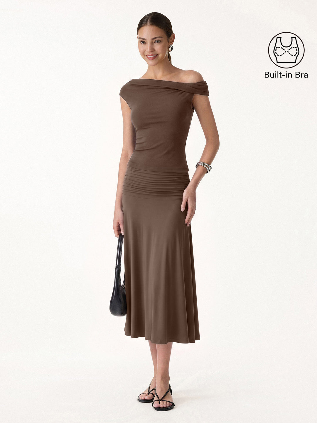 2Pcs Set Multi-wear Built-In Bra Top 2.0 & Side Ruched A-line Midi Skirt — women's women > bundles&sets > bundles, front view