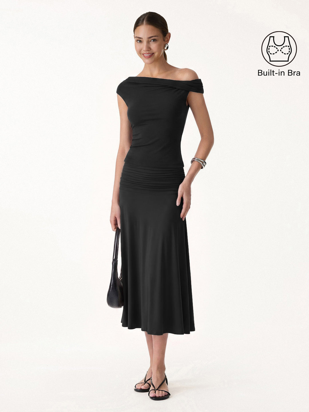 2Pcs Set Multi-wear Built-In Bra Top 2.0 & Side Ruched A-line Midi Skirt