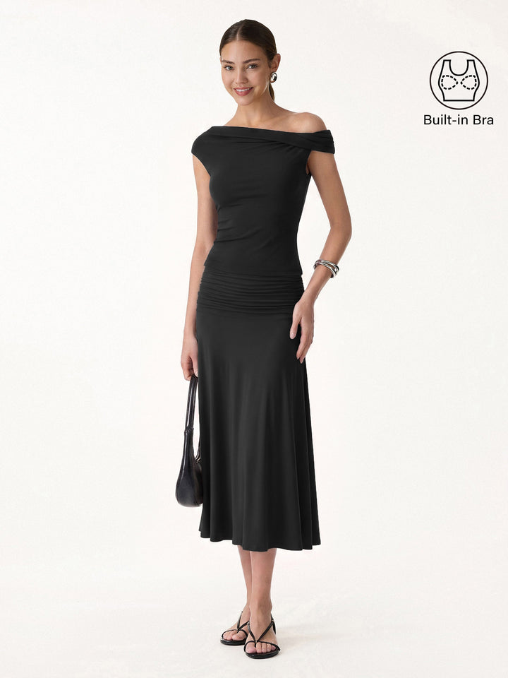 2Pcs Set Multi-wear Built-In Bra Top 2.0 & Side Ruched A-line Midi Skirt