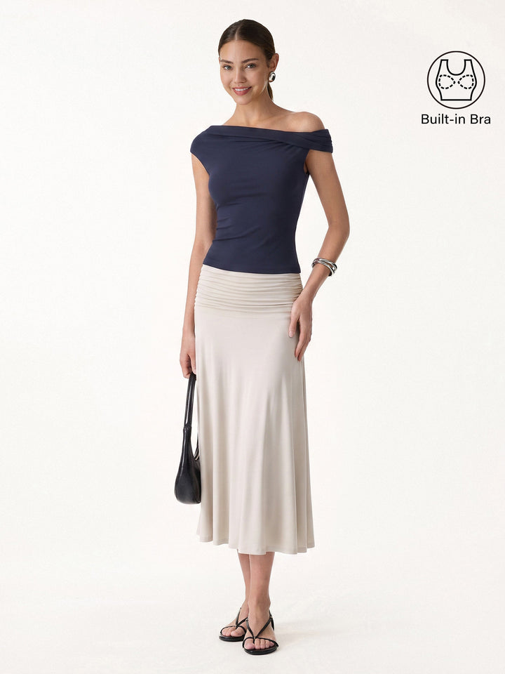 2Pcs Set Multi-wear Built-In Bra Top 2.0 & Side Ruched A-line Midi Skirt