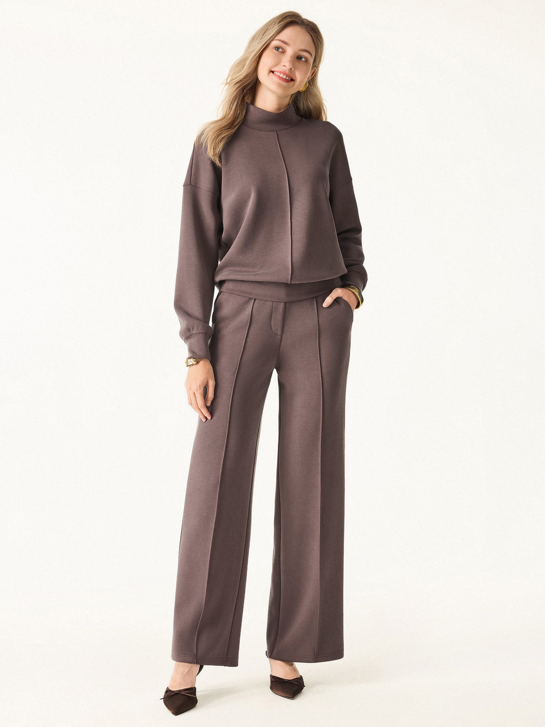 2Pcs Set Mockneck Pullover Shirt & Mid Rise Straight Leg Pants with Pockets