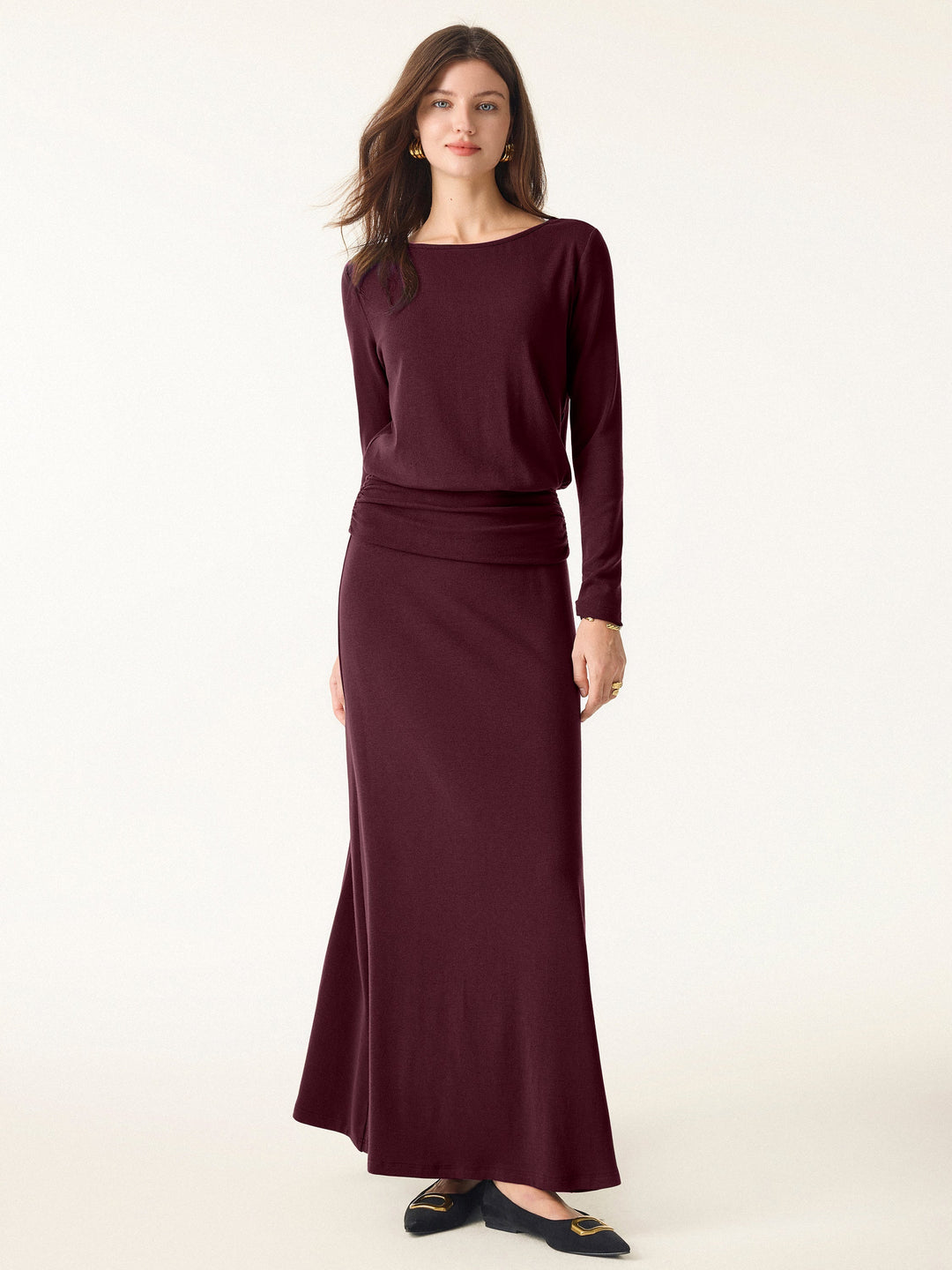 2Pcs Set LiteWarm Boatneck Top & High-Rise A-Line Maxi Skirt — women's women > bundles&sets > bundles, front view