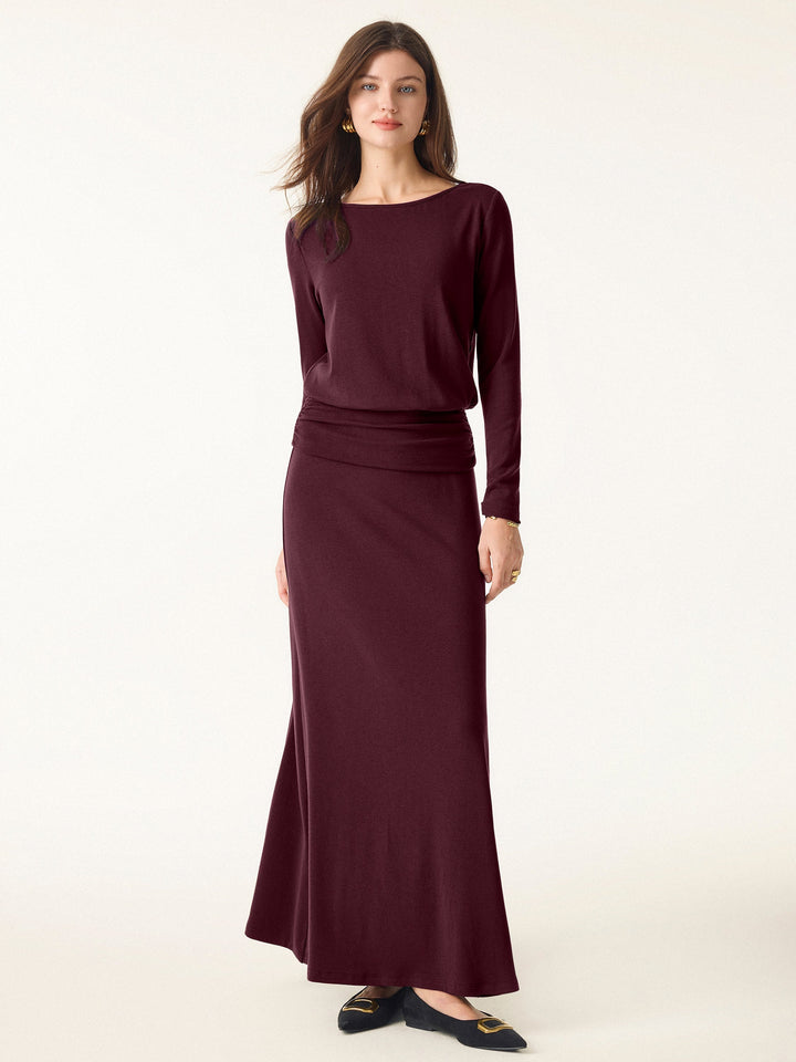 2Pcs Set LiteWarm Boatneck Top & High-Rise A-Line Maxi Skirt