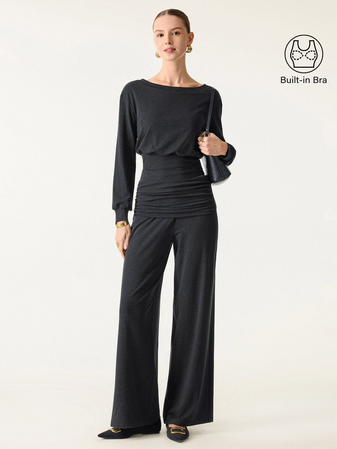 2Pcs Set Boatneck Built-In Bra Top 2.0 & Drapey Wide Leg Pull-on Pants with Pockets — women's women > bundles&sets > bundles, front view
