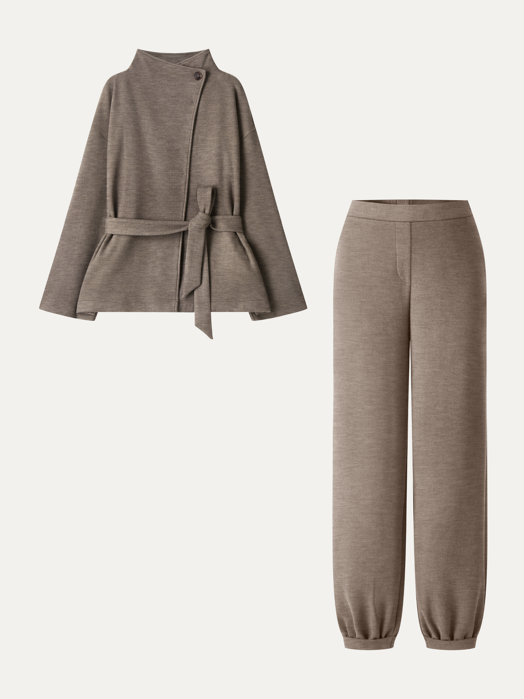 2Pcs Set Waterfall Lapel Belted Jacket with Pockets & Mid-Rise Balloon Pants with Pockets