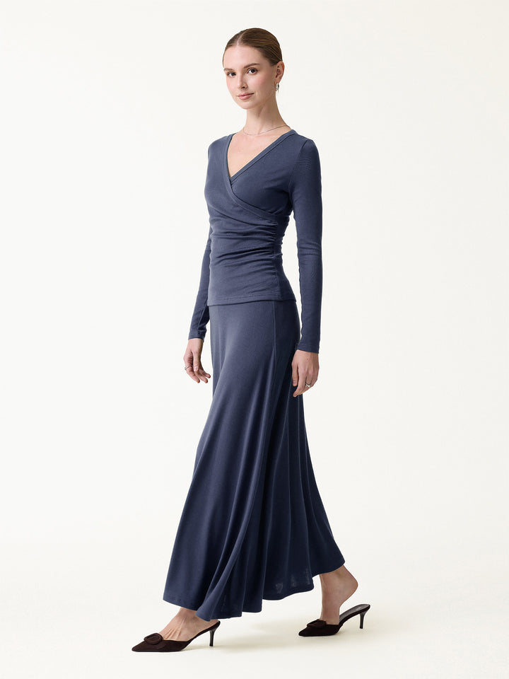 2Pcs Set LiteWarm Surplice Ruched Top & Blend Mid-Rise Umbrella Maxi Skirt