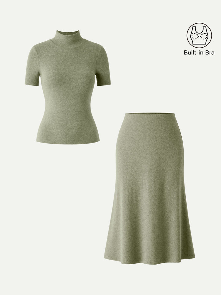 2Pcs Set Mockneck Built-In Bra Top 3.0 & Pull-On Midi Skirt