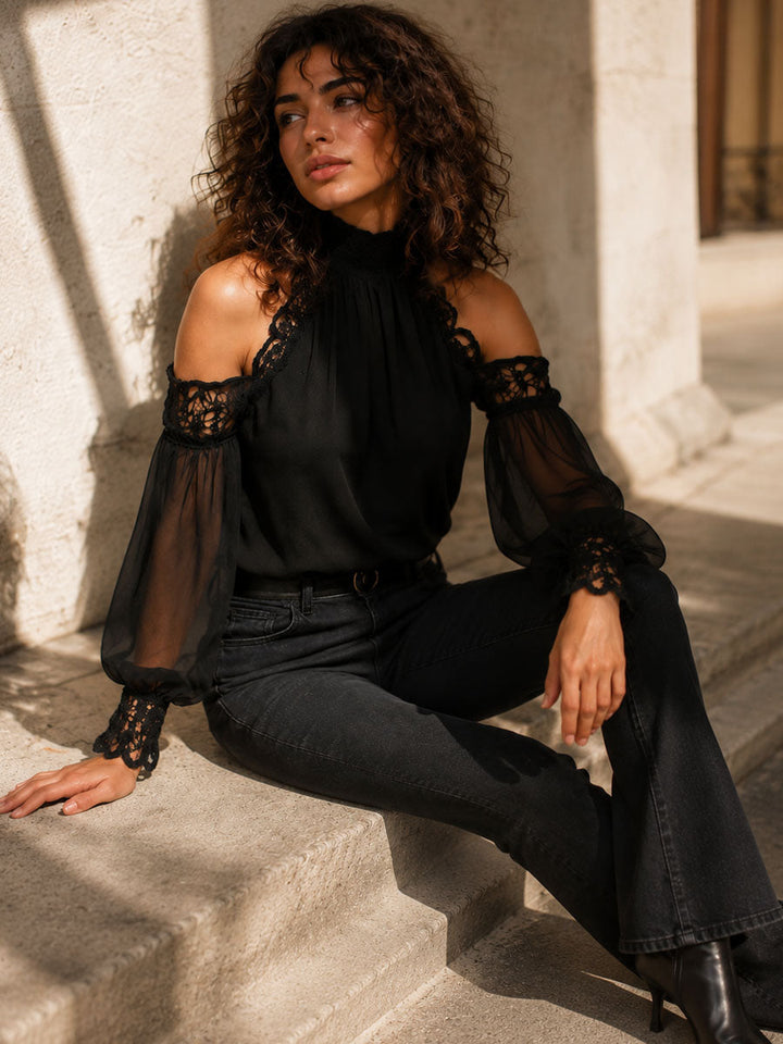 Elegant High Neck Black Chiffon Lace Cold-Shoulder Blouse