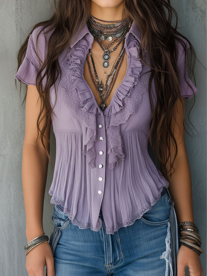 Vintage Boho Lavender Pleated Ruffled Lace Blouse | Harry & Kate London