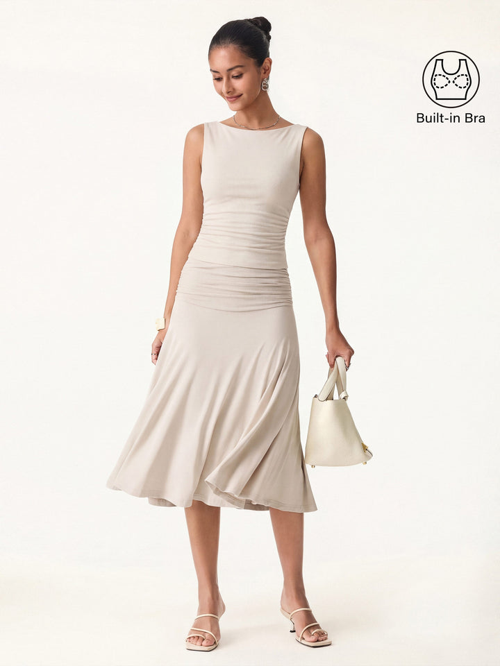 2Pcs Set Open Back Built-In Bra Tank 2.0 & Side Ruched A-line Midi Skirt