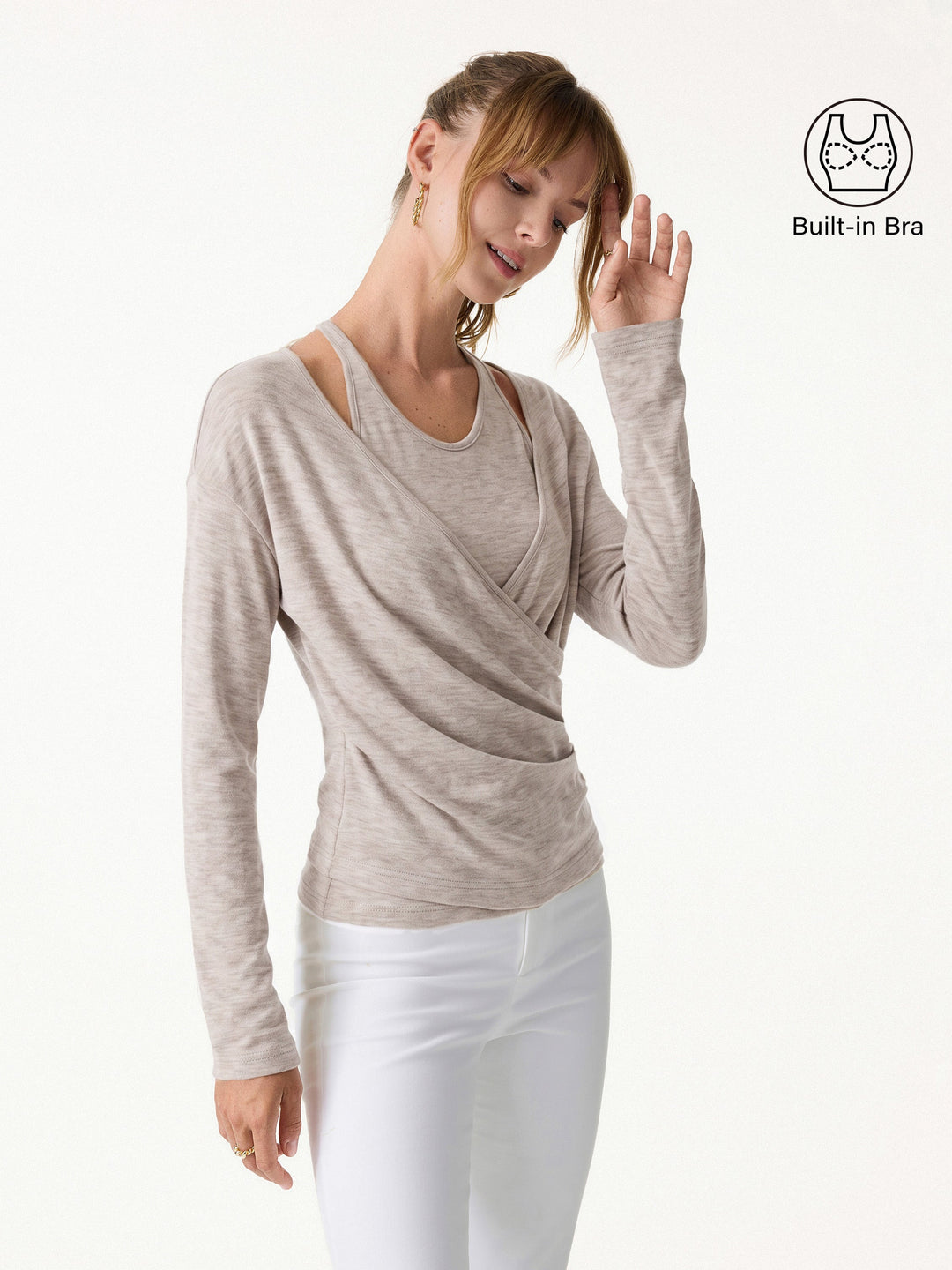 2Pcs Set Surplice Ruched Built-In Bra Top 2.0 & Slim Flared Pants with Pockets