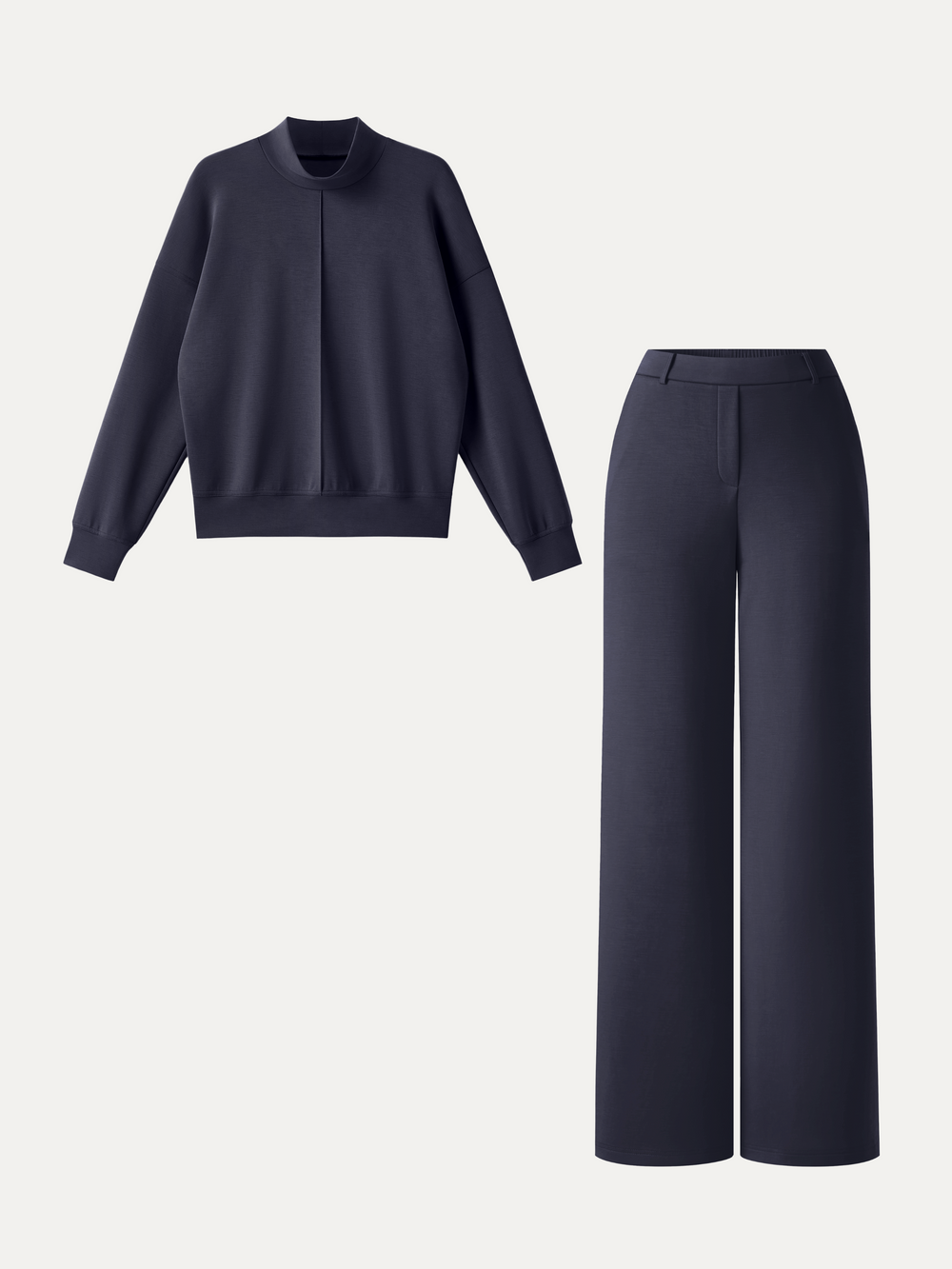 2Pcs Set Mockneck Long Sleeve Shirt & High-Rise Wide Leg Pants with Pockets — women's women > bundles&sets > bundles, back view
