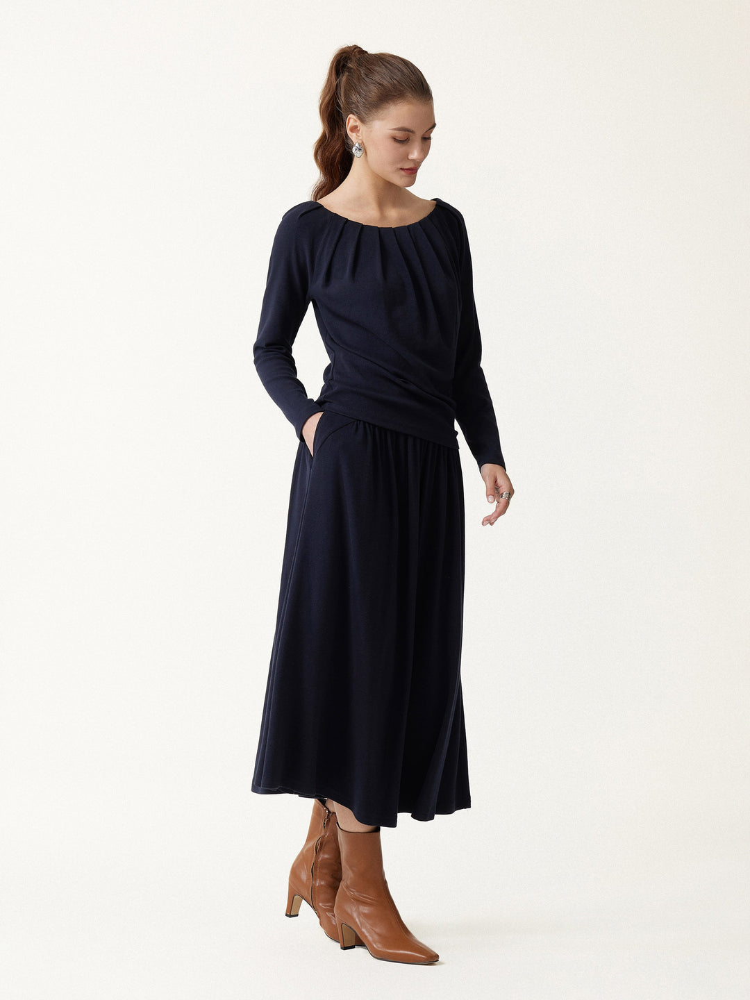2Pcs Set LiteWarm Boatneck Long Sleeve Tucked Top & High-Rise A-Line Midi Skirt with Pockets