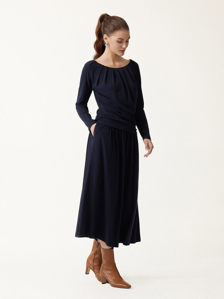 2Pcs Set LiteWarm Boatneck Long Sleeve Tucked Top & High-Rise A-Line Midi Skirt with Pockets