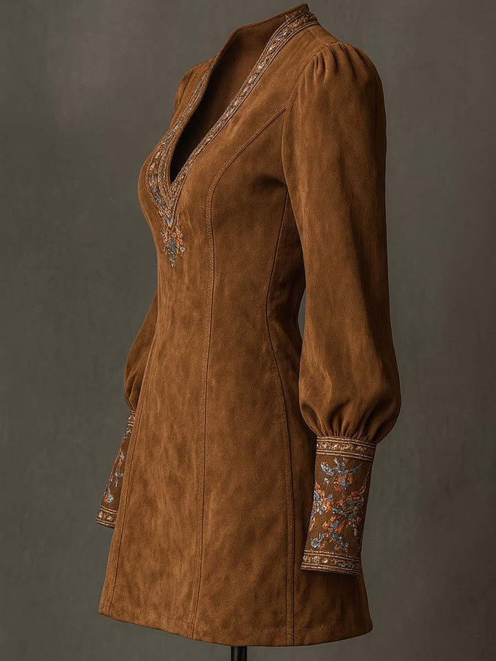 Vintage Suede Embroidered Mini Dress With Long Sleeves | Harry & Kate London