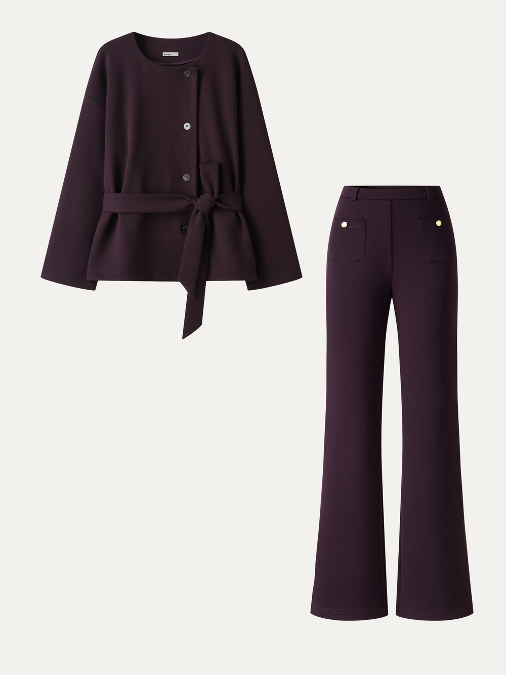 2Pcs Set Round Neck Long Sleeve Belted Jacket with Pockets & Mid-Rise Flared Pants with Pockets — women's women > bundles&sets > bundles, back view