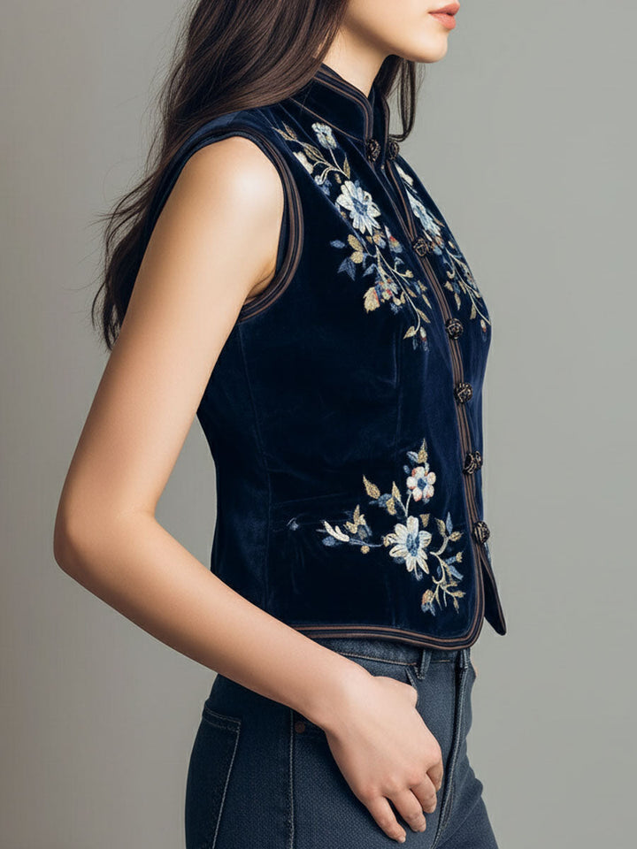 Boho Mandarin Collar Navy Velvet Embroidered Vest